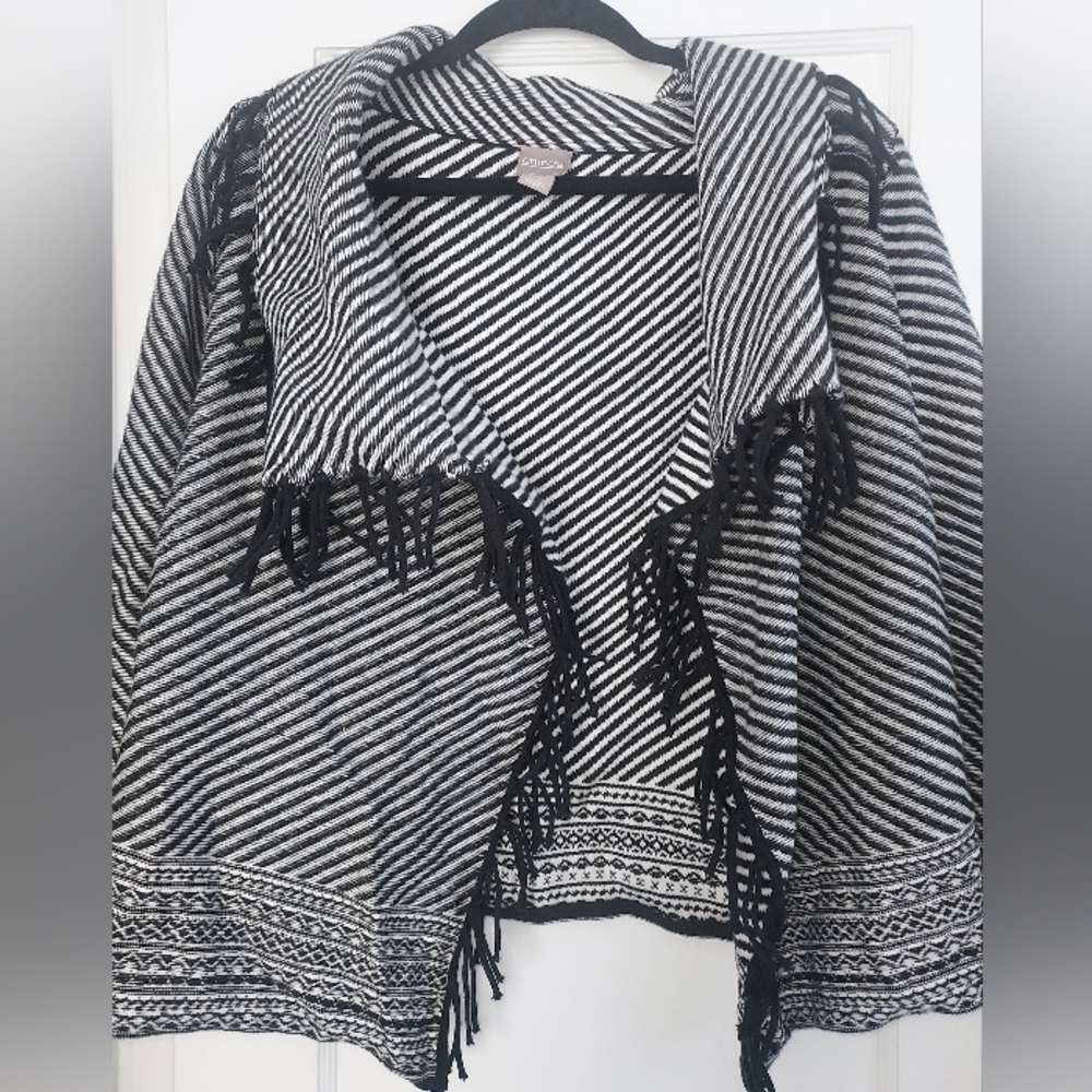 Chico's Black and White Striped Fringe Sweater SIZE 2